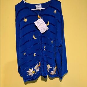 NOS Quacker Factory Blue Moon & Stars Angels Embroidered Cardigan Vintage